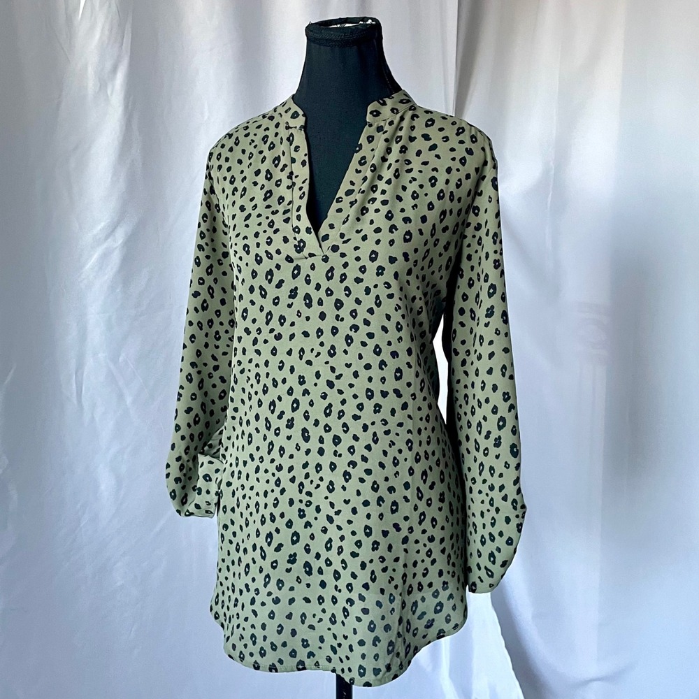 Lush Tunic Top Sz XL Olive Green Leopard Print 3/4 Tab Sleeve Forest Goblin Fall
